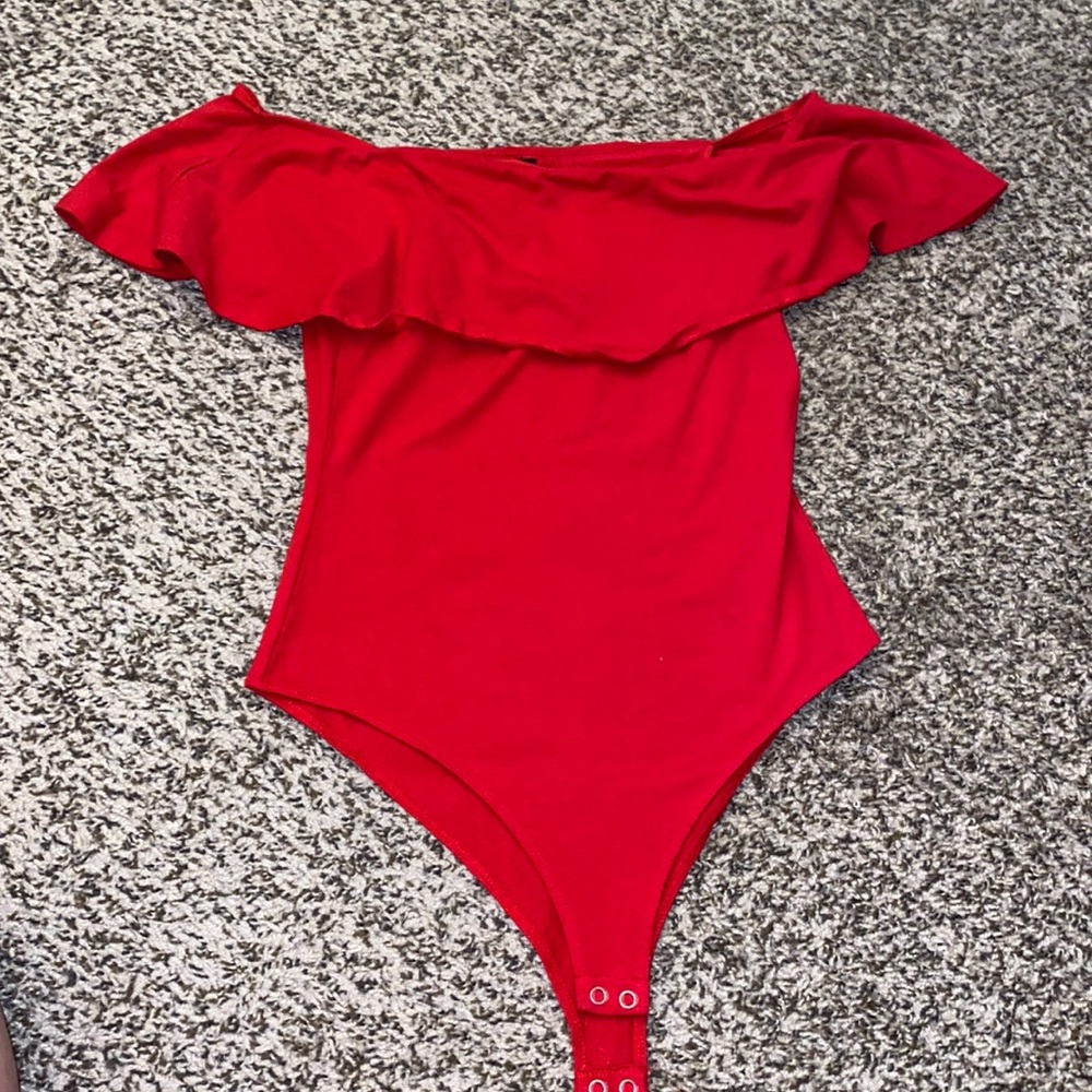 Red across the shoulder body suit